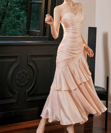 Niulatu Spaghetti Straps Blue Chiffon Satin Ruffles Long Prom Dresses Fairytale Evening Dresses HZ1026